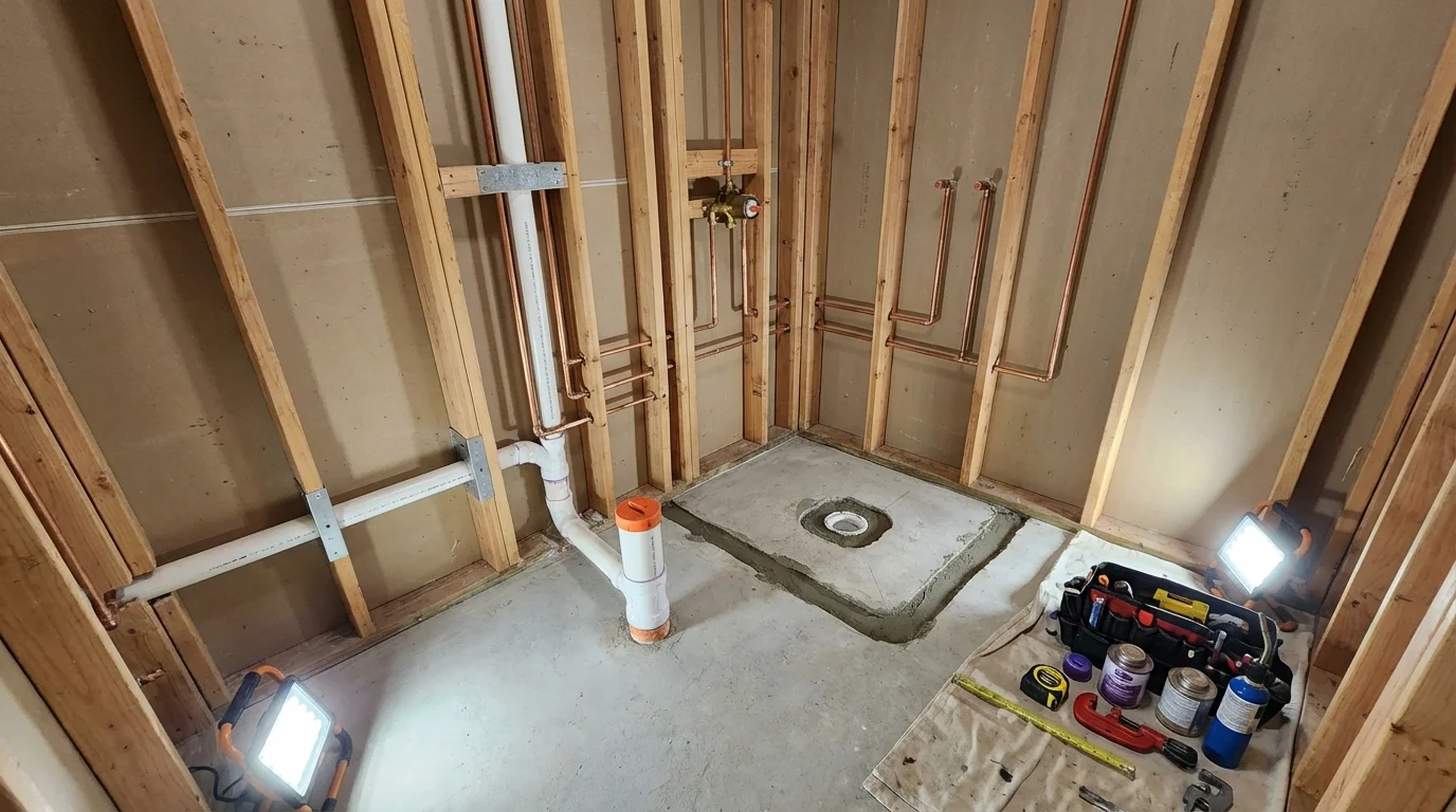 Bathroom rough-in plumbing during remodel by Johns Plumbing LLC in Sausalito
