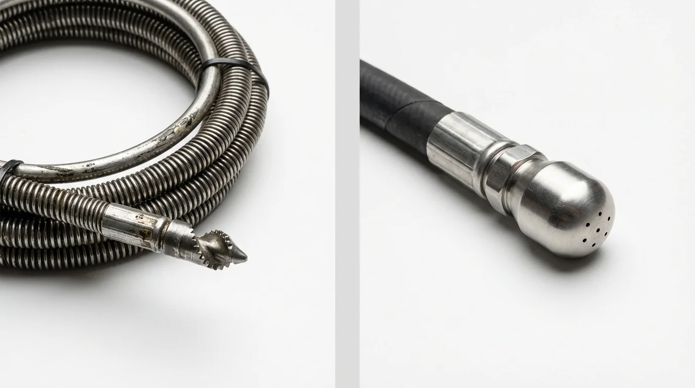 Drain snake cable and hydro jetting nozzle used for drain cleaning in Sausalito, CA