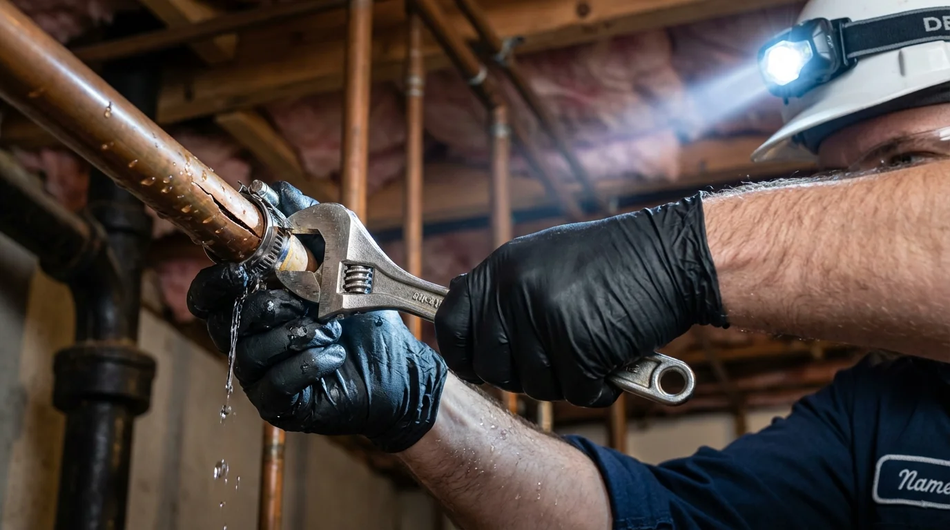 Emergency pipe clamp repair being performed by a Johns Plumbing LLC plumber in Sausalito