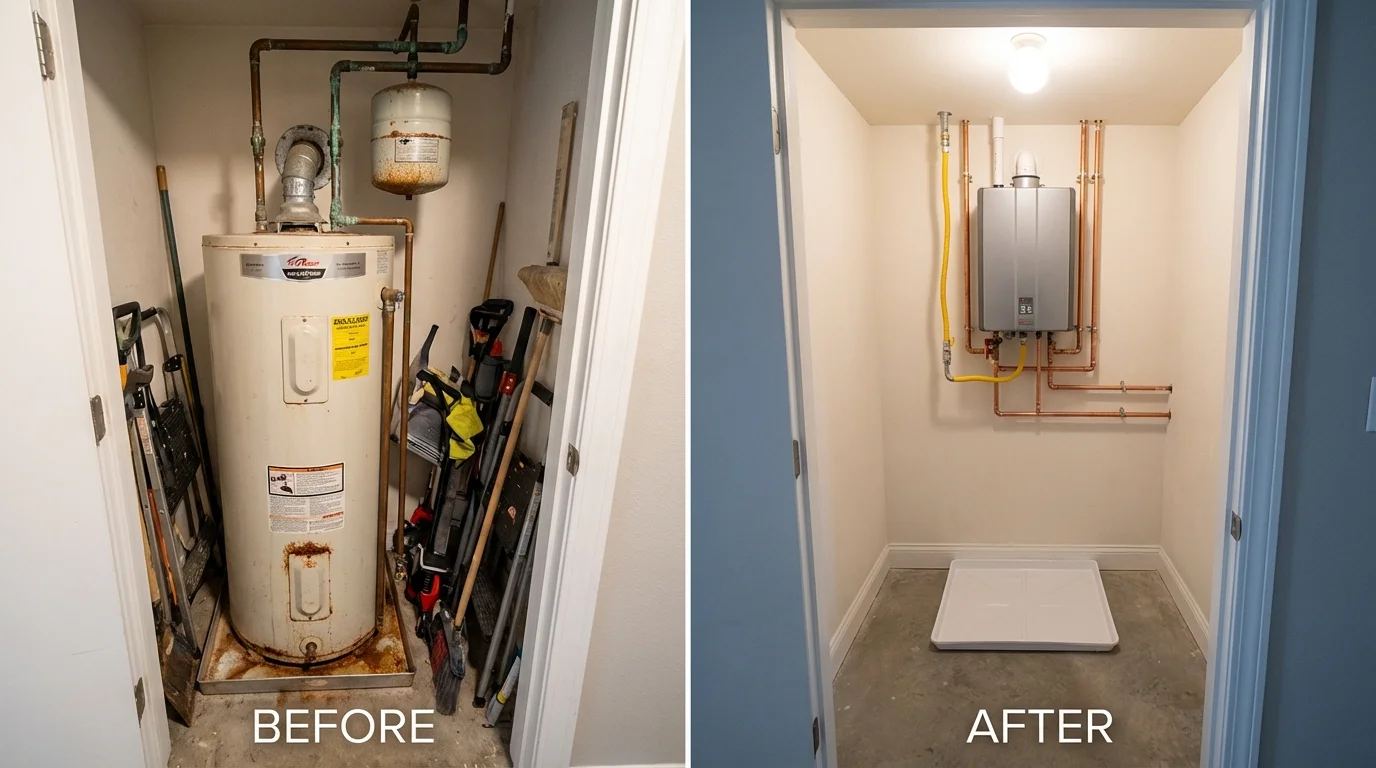 Tank water heater versus wall-mounted tankless unit comparison for Sausalito, CA homeowners