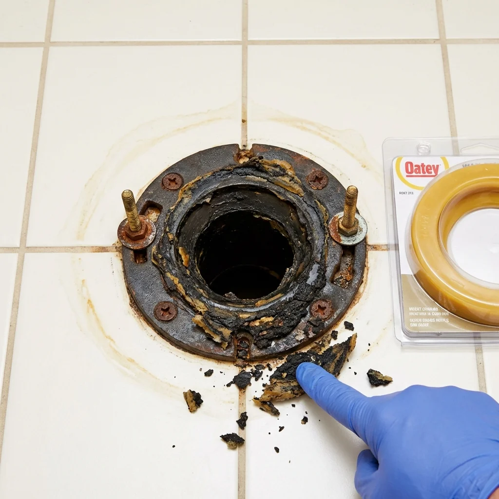 Failed wax ring showing water seepage at the base of a toilet in a Sausalito, CA home