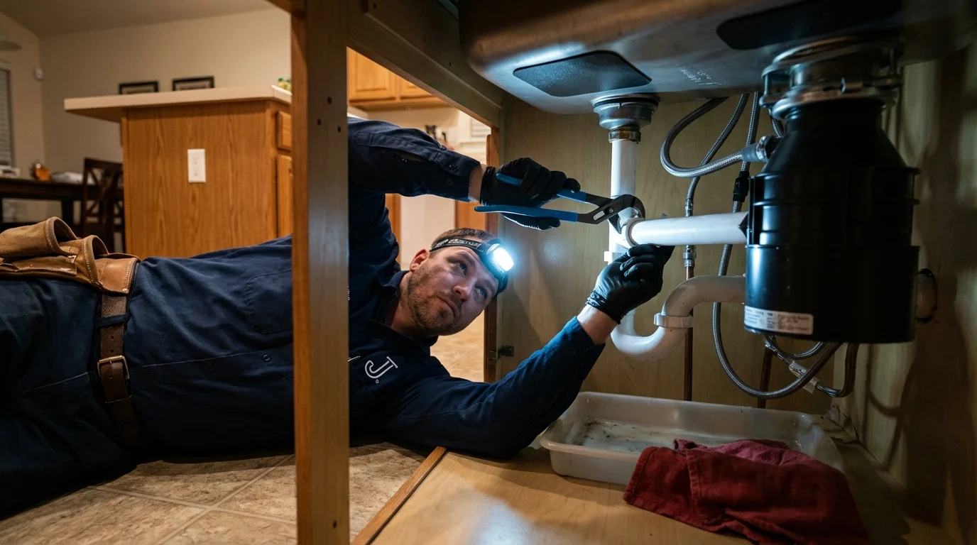 P-trap and supply line connections under a kitchen sink showing a common leak point in Sausalito, CA